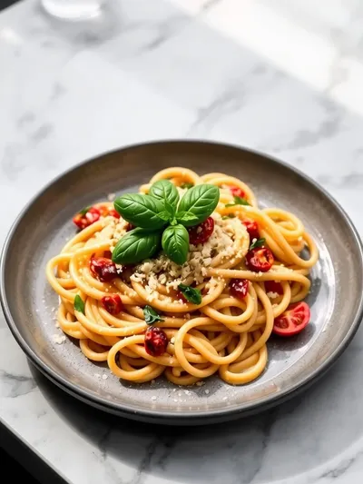 Creamy Sun-Dried Tomato Vegan Pasta - ready to serve