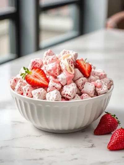 Fluffy Strawberry Shortcake Puppy Chow Recipe - ready to serve
