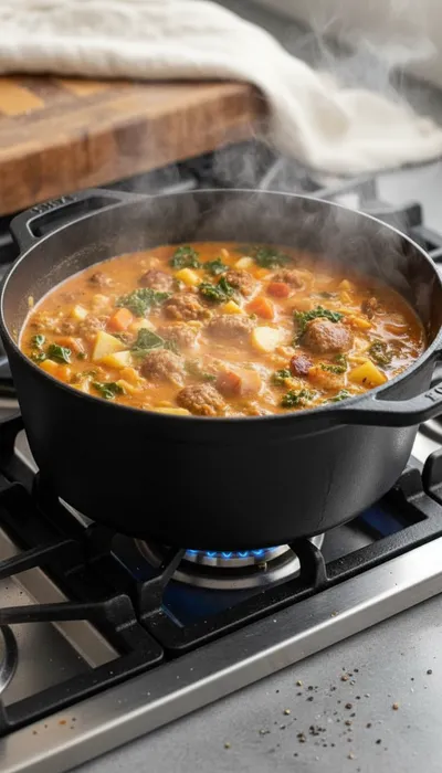 Italian Sausage Pasta Soup - cooking process