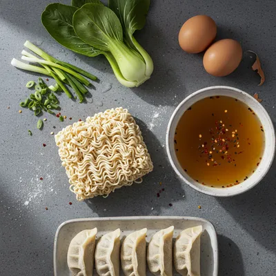 Savory Dumpling Ramen Bowl with Soft Boiled Eggs - ingredients preparation