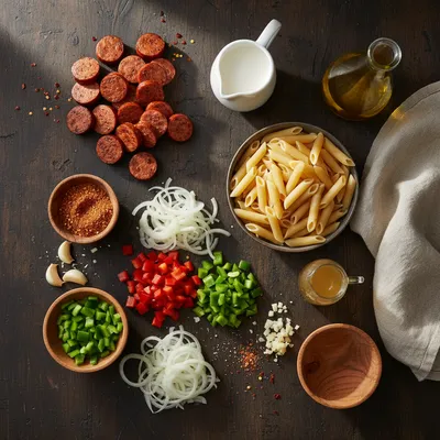 Creamy Cajun Sausage Pasta (One Pot Recipe) - ingredients preparation