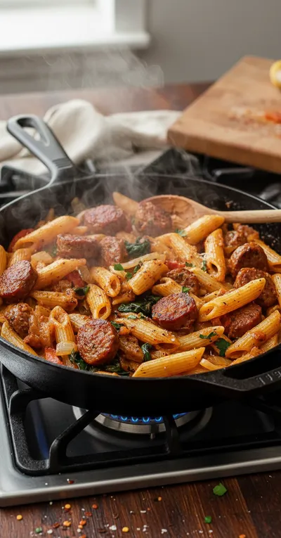 Creamy Cajun Sausage Pasta (One Pot Recipe) - cooking process
