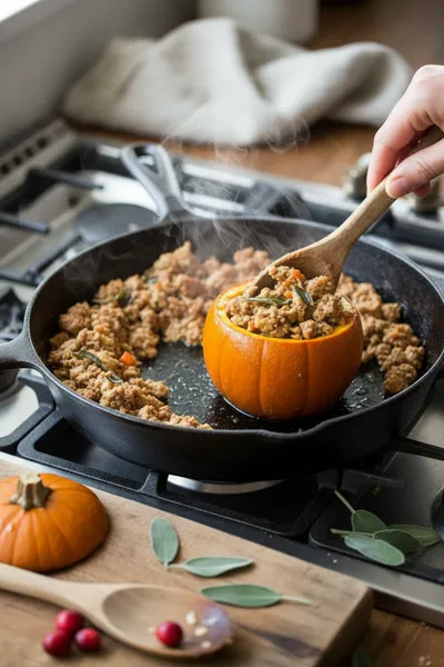 Ground Turkey & Brown Butter Sage Stuffed Pumpkins - cooking process