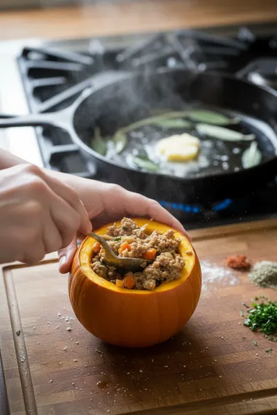Ground Turkey & Brown Butter Sage Stuffed Pumpkins - cooking process