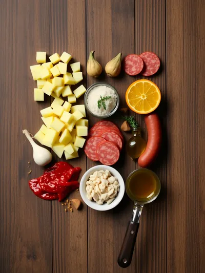 Spanish Potato Soup With Beef Sausage - ingredients preparation